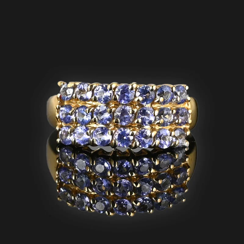 unique gemstone rings for wedding-Vintage 14K Gold Three Row Tanzanite Ring