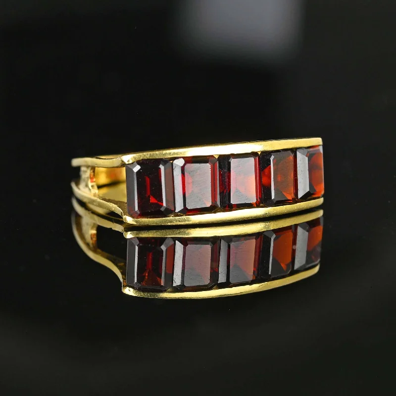 wedding bands with aquamarine stones-Vintage 18K Gold Emerald Cut Garnet Ring, Euro Shank