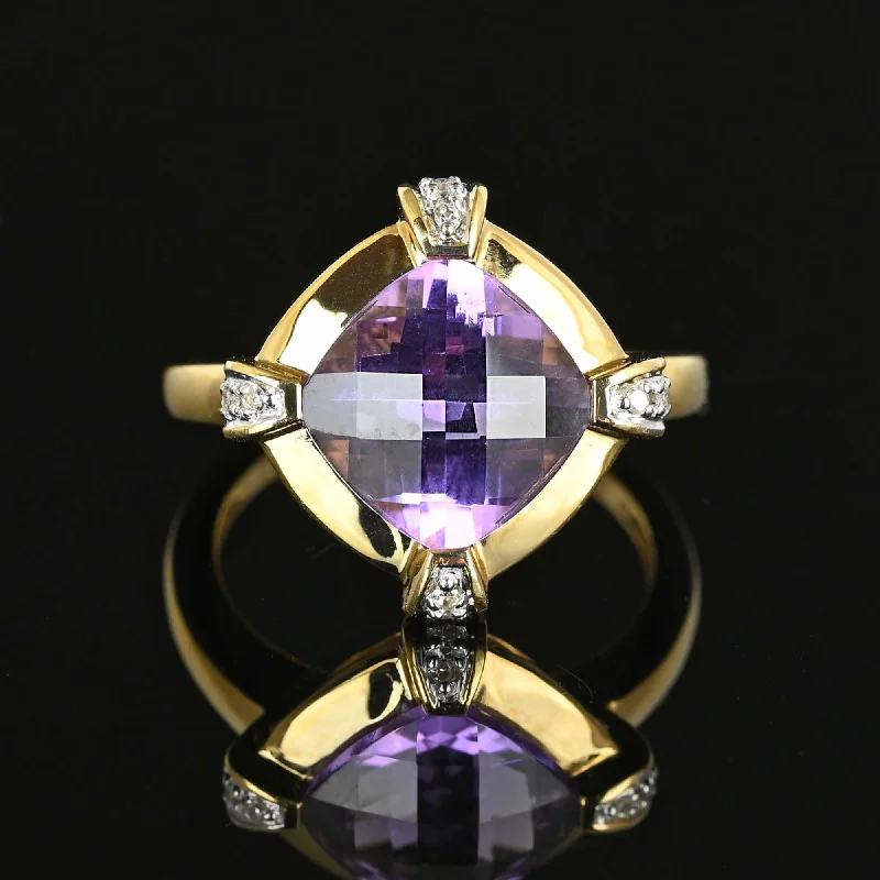 silver engagement rings with sapphire gemstones-Vintage Cushion Checkerboard Cut Amethyst Ring