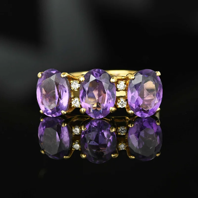 engagement rings with multi-colored gemstones-Vintage Diamond 14K Gold Three Stone Amethyst Ring