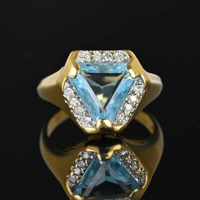 wedding rings for men with mixed metals-Vintage Diamond Trillion Cut Blue Topaz Ring in 14K Gold