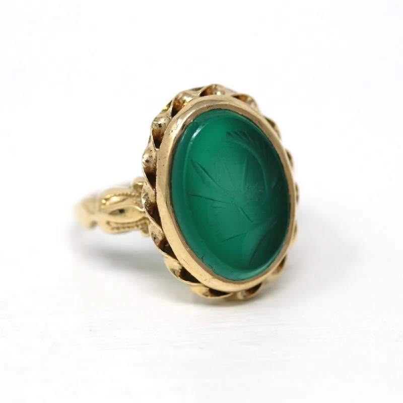 gold rings for engagement with diamonds-Vintage Intaglio Ring - Retro 10k Yellow Gold Carved Green Glass Warrior - Circa 1940s Era Size 6 Statement Ostby & Barton Fine 60s Jewelry