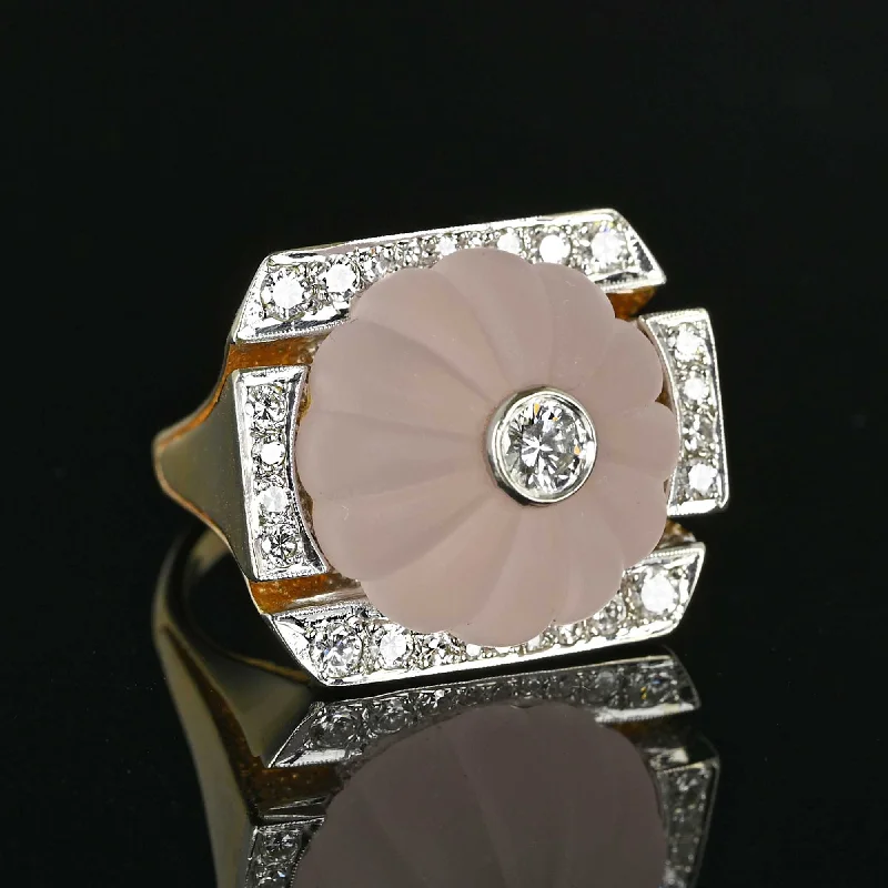 platinum wedding bands for men with diamonds-Vintage Melon Rose Quartz Diamond Ring in 14K Gold