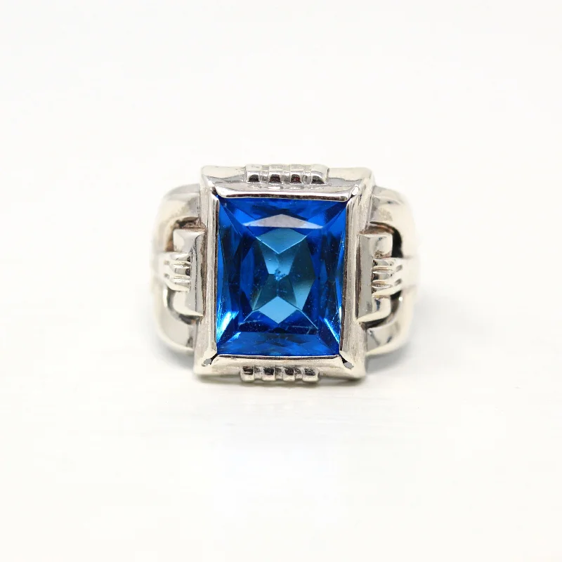 unique gold wedding rings with diamonds-Vintage Sterling Silver Ring - Retro Rectangular Cut Simulated Blue Topaz Glass - 1940s Era Size 6 1/2 Uncas December Birthstone Jewelry