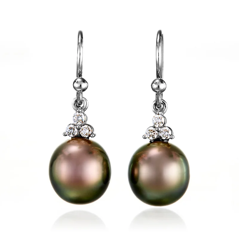 luxurious pearl hoop earrings for bridal accessories -White Gold Madison Drop Earrings in 10mm Tahitian Pearls & Diamonds