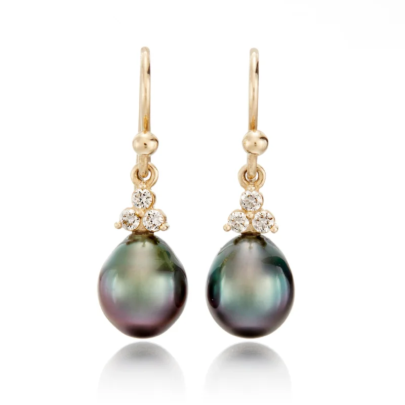 boho gemstone drop earrings for earthy elegance -Yellow Gold Madison Drop Earrings in 8mm Tahitian Pearls & Diamonds