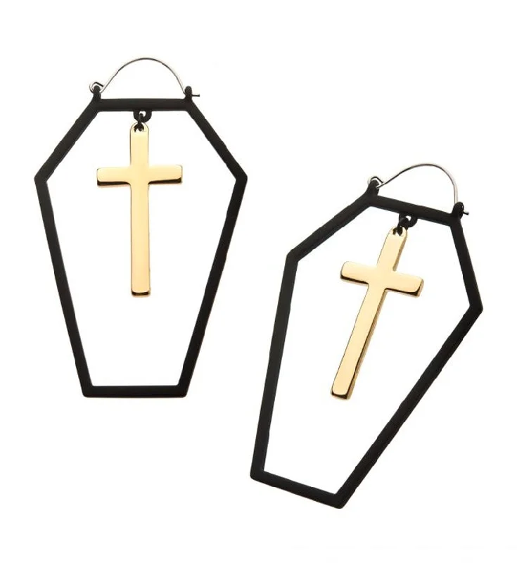 elegant gemstone studs for everyday wear -20G Black Coffin Outline Gold Cross Plug Hoops