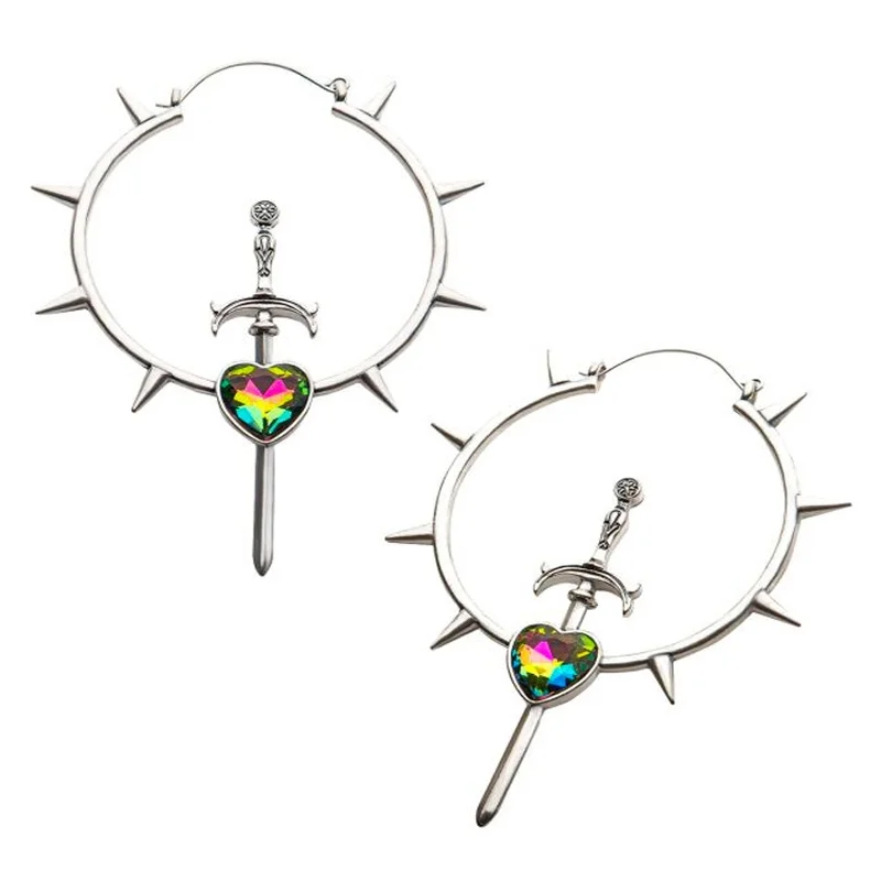 colorful crystal earrings for a playful vibe -20G Spike & Sword Gem Plug Hoops