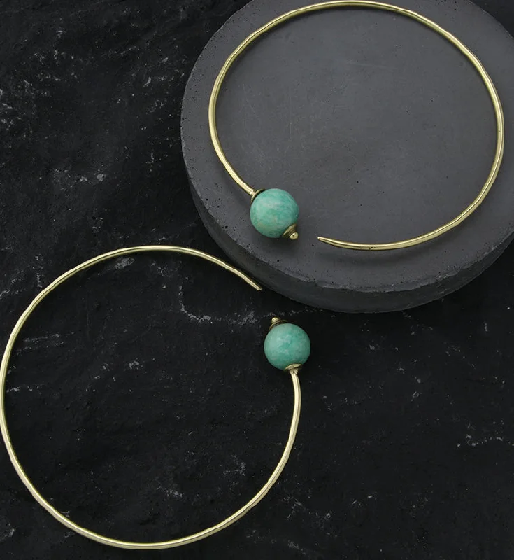 glamorous chandelier earrings for formal events -Amazonite Stone Orb Brass Hangers / Plug Hoops