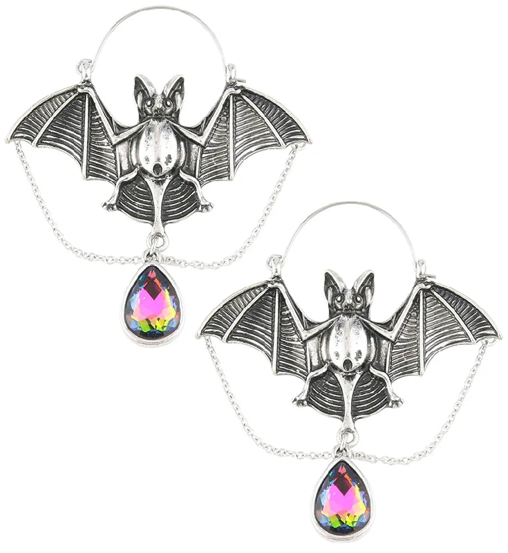 gold thread earrings for delicate fashion -Bat Dangle Chains Black Aurora Teardrop CZ Stainless Steel Plug Hoops