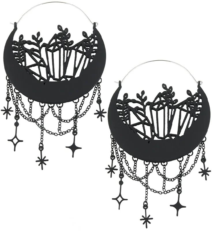 stylish gemstone drop earrings for special events -Black PVD Crescent Plant Crystals Dangle Star Stainless Steel Plug Hoops