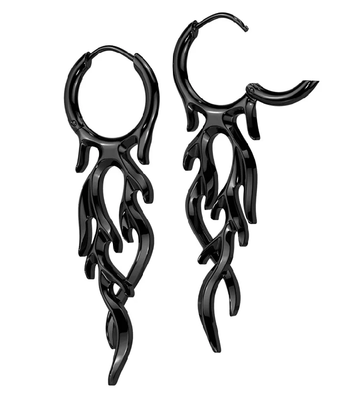 sleek hoop earrings for versatile fashion -Black PVD Flame Stainless Steel Hoop Earrings