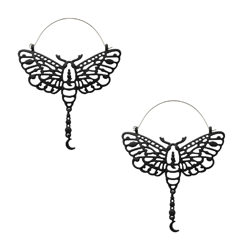 large floral earrings for a feminine look -Black Luna Moth Dangle Moon Stainless Steel Plug Hoops