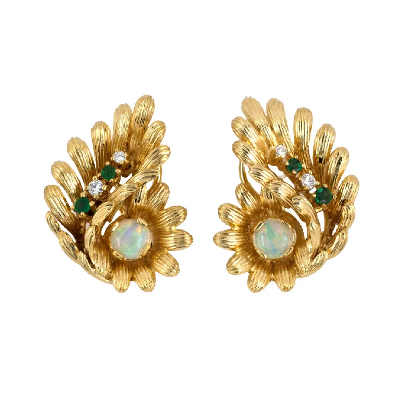 elegant sapphire earrings for a polished look -Opal, Emerald & Diamond Floral Leaf Earrings