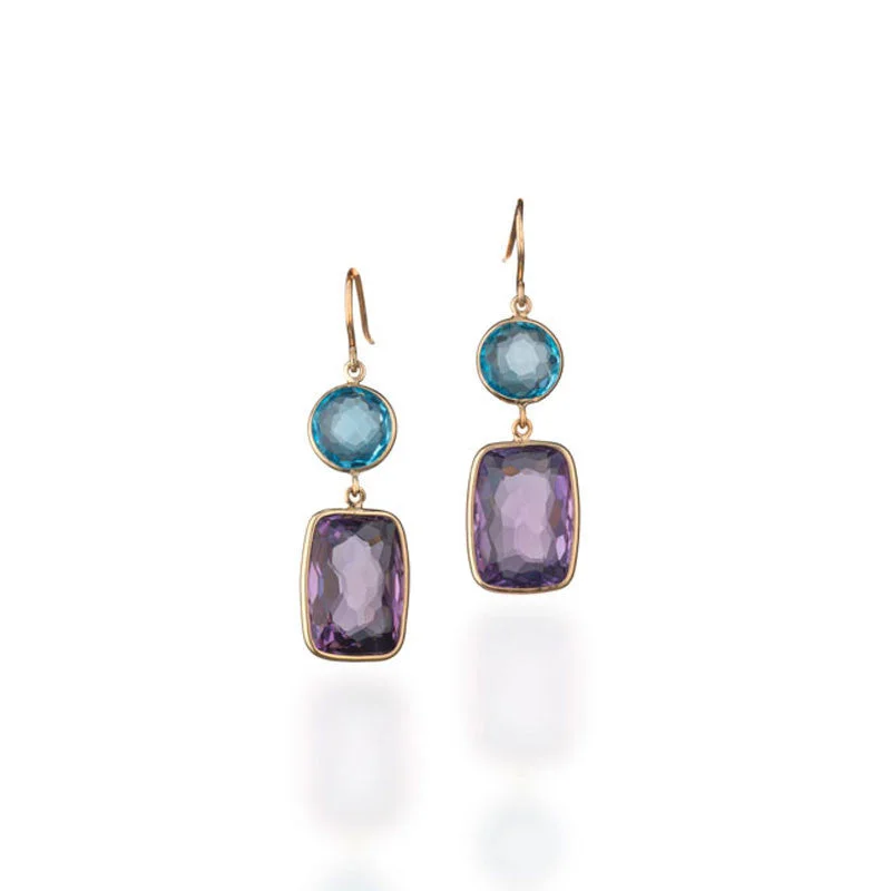 vintage-inspired flower earrings for a timeless look -Como Collection Round Blue Topaz and Cushion Cut Amethyst Earrings