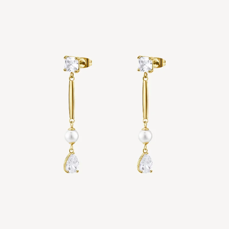 elegant moonstone earrings for mystical vibes -Cubic Zirconia and Shell-Pearl Drop Earrings in Gold Plated Stainless Steel