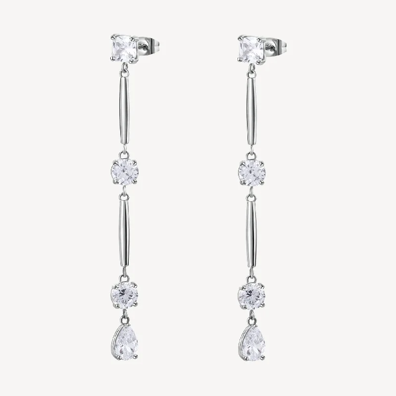 unique silver earrings for one-of-a-kind style -Cubic Zirconia Long Drop Earrings in Stainless Steel