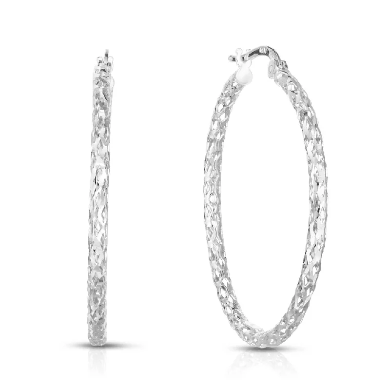 chic gemstone ear cuffs for personalized style -Curata 14k White Gold 1.5x27mm Diamond-cut Woven Hoop Earrings