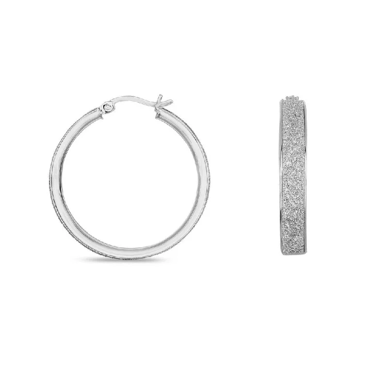 silver gemstone earrings for everyday elegance -Curata 925 Sterling Silver Rhodium 5x25mm Textured Sparkle Round Hoop Earrings