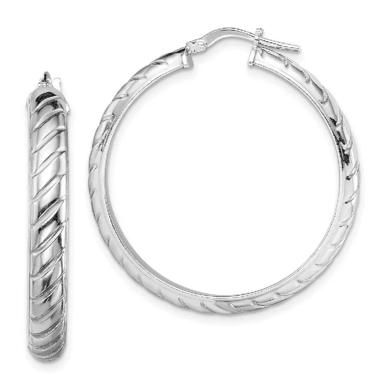 chic feather drop earrings for boho looks -Curata 925 Sterling Silver Rhodium Plated 36x5mm Polished Textured Hoop Earringss