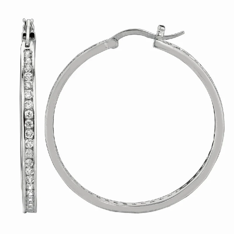 delicate chain drop earrings for graceful looks -Curata 925 Sterling Silver With Rhodium Finish Shiny 2.0x26mm Clear Zirconia Hoop Earrings With Hinged Clasp