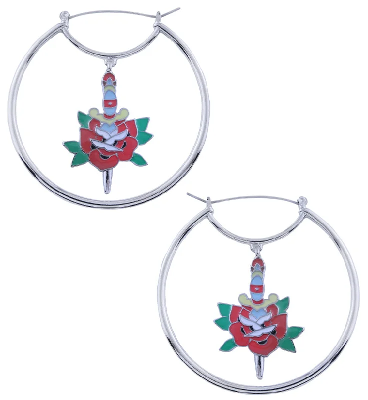 luxurious emerald earrings for refined beauty -Dagger Red Rose Stainless Steel Plug Hoops