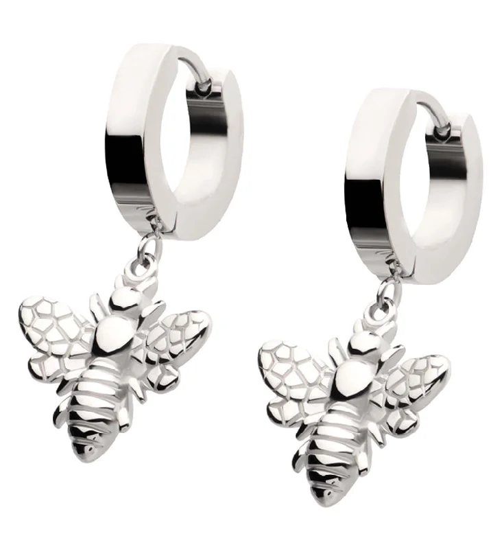 trendy heart-shaped earrings for romantic style -Dangling Bee Stainless Steel Hoop Huggie Earrings