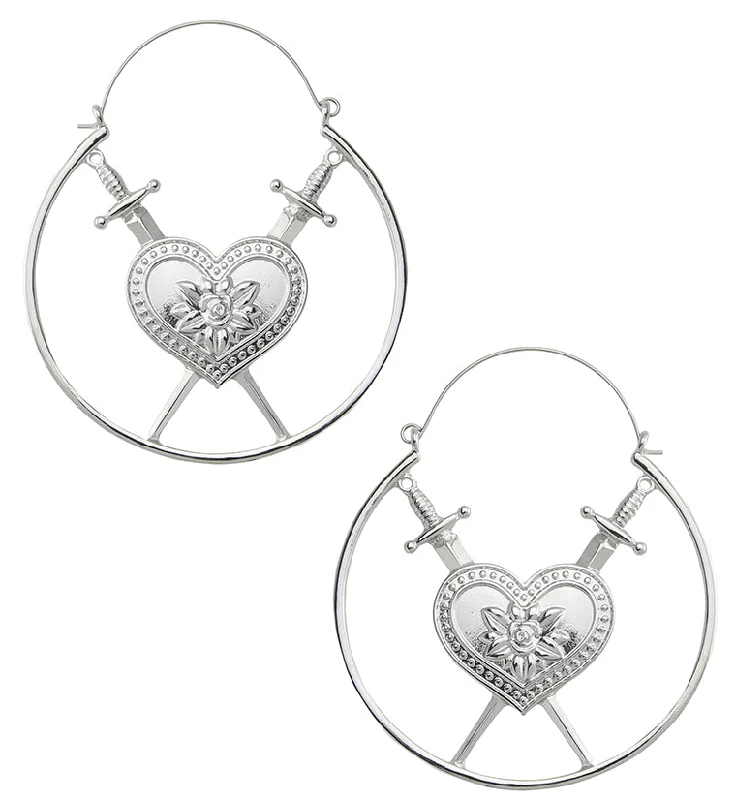 trendy heart-shaped earrings for romantic style -Double Dagger Heart Plug Hoops