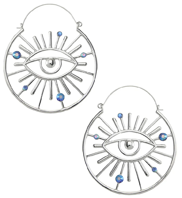 chic rhinestone earrings for evening parties -Evil Eye Blue Aurora CZ Plug Hoops