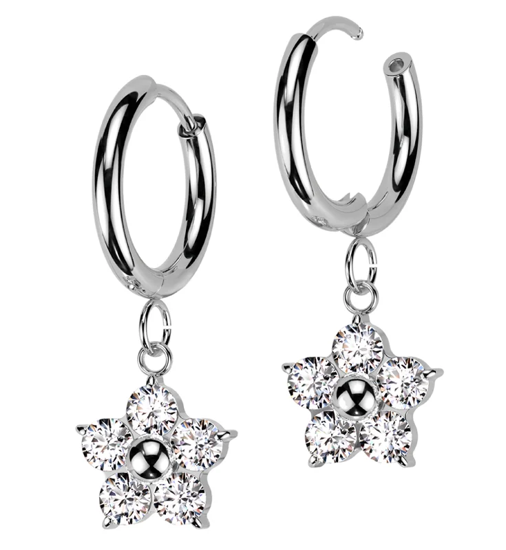 trendy beaded earrings for vibrant style -Flower Dangle Clear CZ Stainless Steel Hoop Earrings