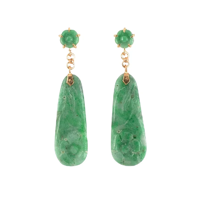 nature-inspired earrings for eco-friendly style -Carved Green Jadeite Drop Earrings