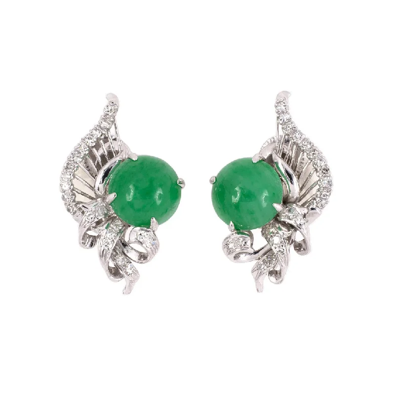 oversized gemstone stud earrings for bold impact -Green Jadeite & Diamond Scroll Clef Earrings