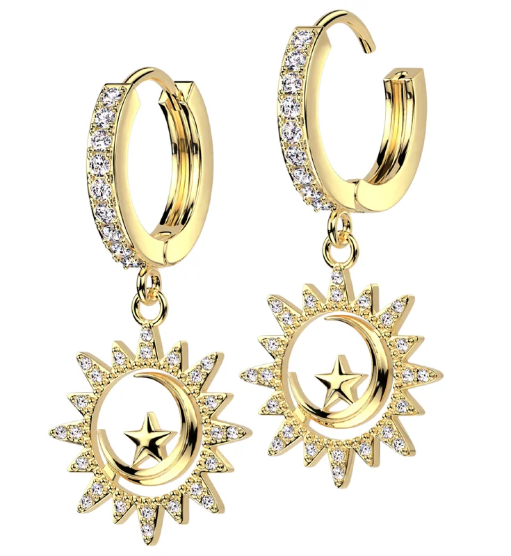 chic dangling earrings for a stylish finish -Gold PVD Celestial CZ Stainless Steel Hoop Earrings