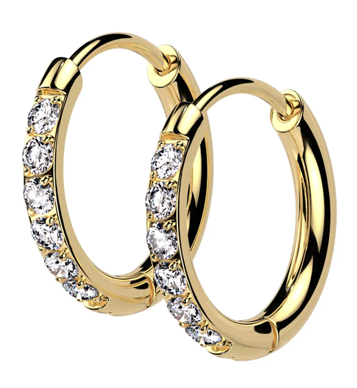 silver and gold earrings for mixed-metal style -Gold PVD Clear CZ Hoop Stainless Steel Hinged Earrings