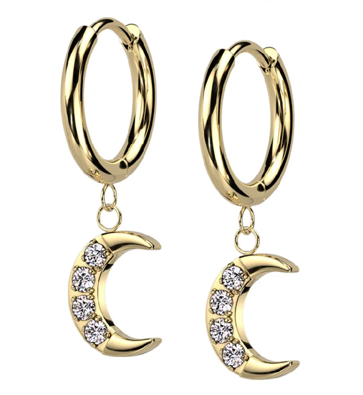 glamorous chandelier earrings for formal events -Gold PVD Crescent Moon CZ Dangle Stainless Steel Hinged Hoop Earrings