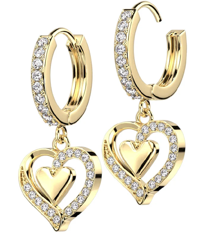 chic gold hoop earrings for elegant looks -Gold PVD Double Heart CZ Stainless Steel Hoop Earrings