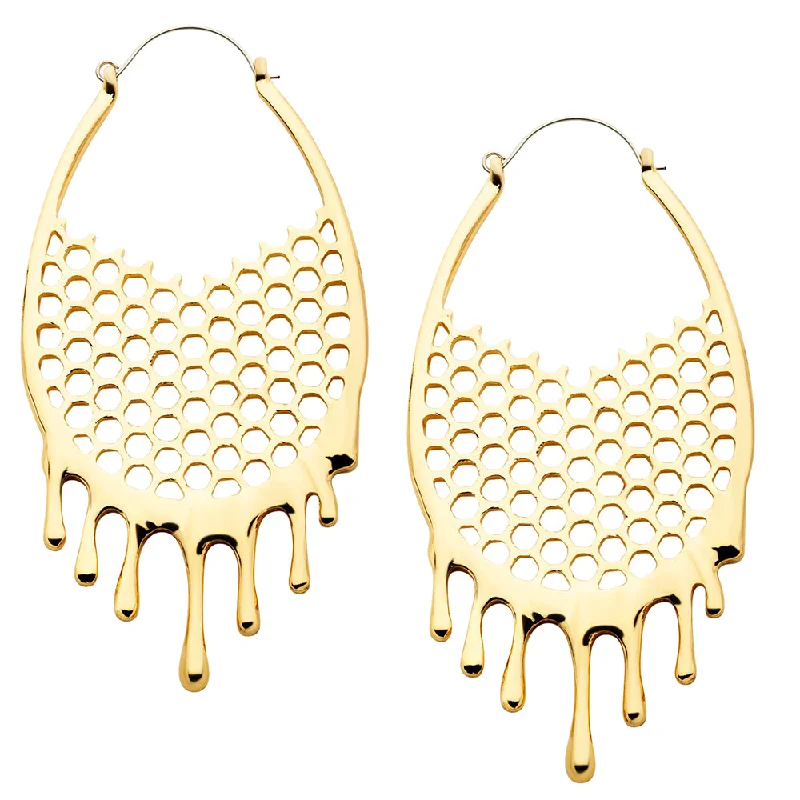 luxury diamond hoop earrings for a touch of class -Dripping Golden Honeycomb Stainless Steel Plug Hoops