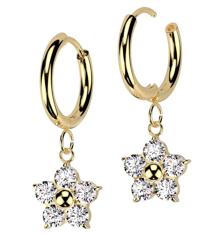 handmade resin earrings for unique beauty -Gold PVD Flower Dangle Clear CZ Stainless Steel Hoop Earrings