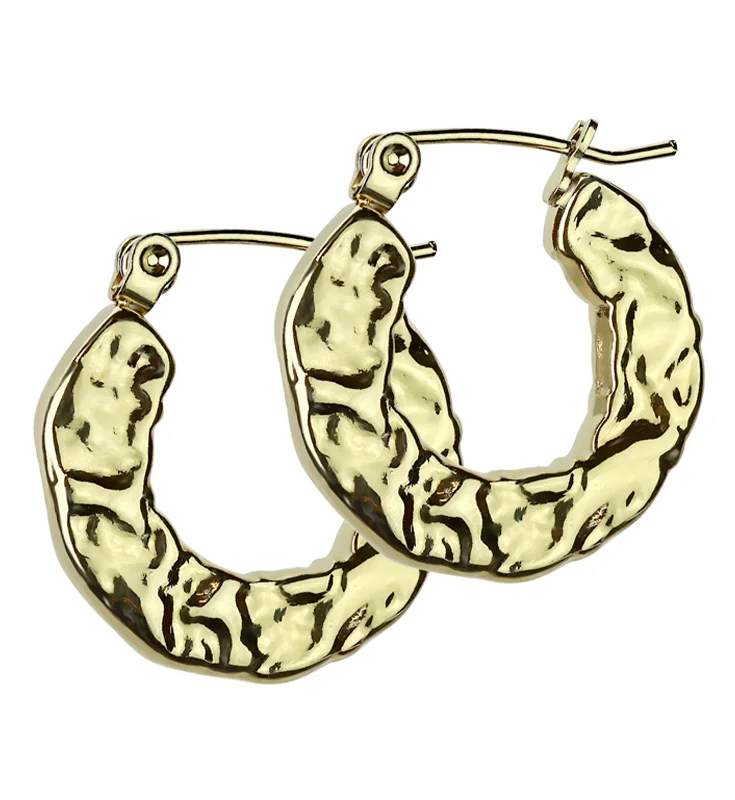 chic silver drop earrings for modern elegance -Gold PVD Hammered Hoop Stainless Steel Hinged Earrings