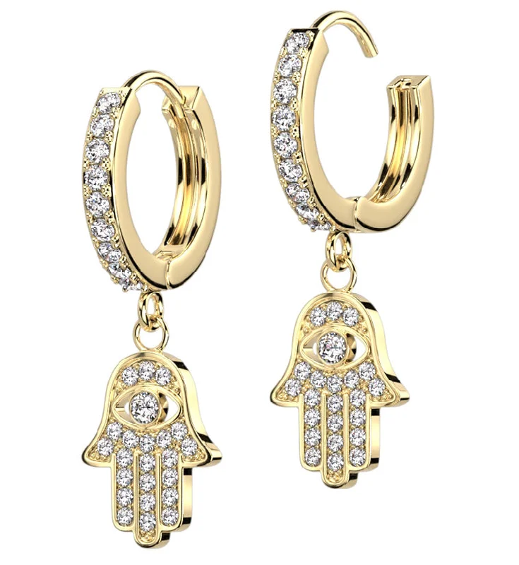 playful animal-shaped earrings for quirky fashion -Gold PVD Hamsa Hand CZ Stainless Steel Hoop Earrings