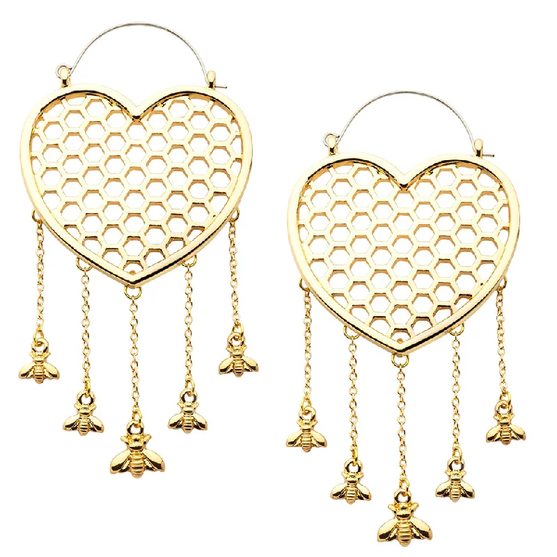 trendy resin earrings for a colorful touch -Golden Heart Honeycomb Dangle Bee Stainless Steel Plug Hoops