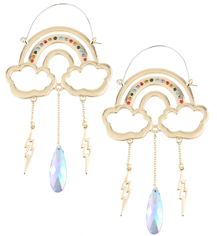 minimalist pearl drop earrings for an elegant touch -Gold PVD Rainbow Dangle Bolt Rainbow Crystal Stainless Steel Plug Hoops