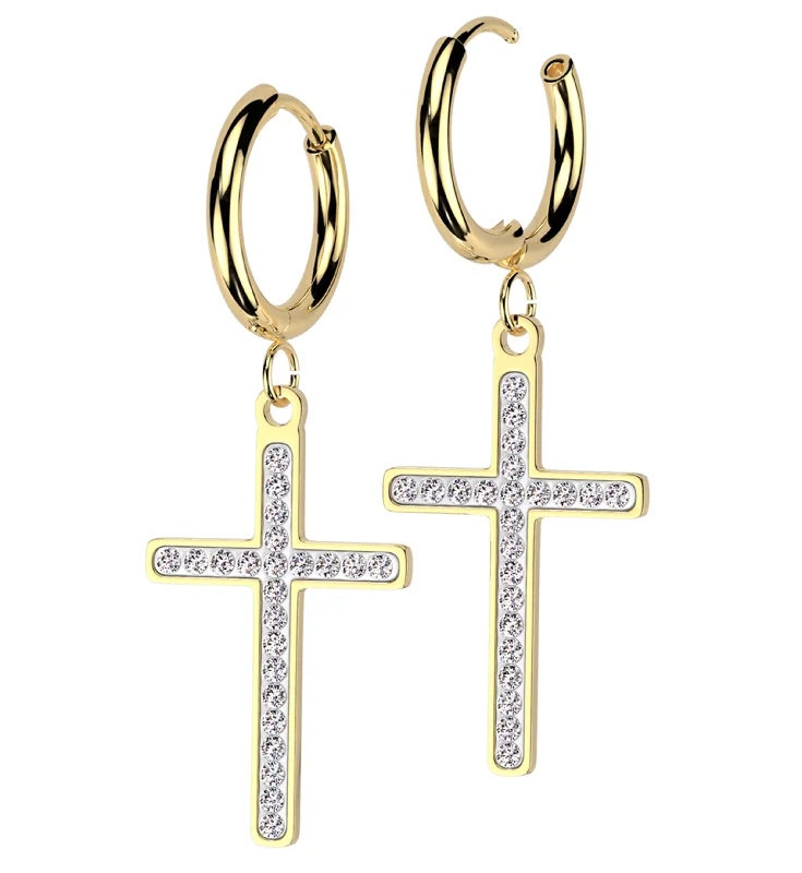 playful enamel earrings for a colorful pop -Gold PVD White Cross Clear CZ Stainless Steel Hoop Earrings