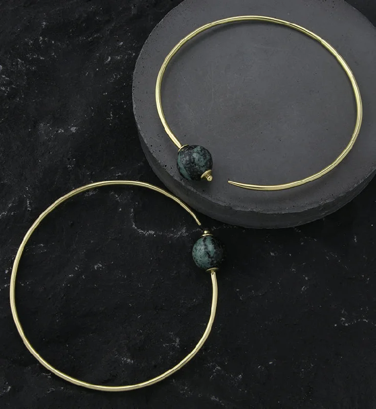 geometric stud earrings for modern sophistication -Green Jasper Stone Orb Brass Hangers / Plug Hoops