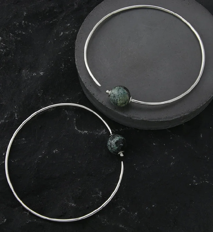 elegant pearl drop earrings for weddings -Green Jasper Stone Orb White Brass Hangers / Plug Hoops