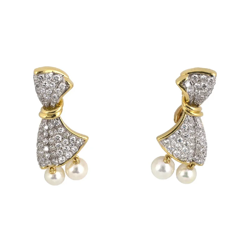 trendy ear cuffs for modern chic -Diamond & Pearl Bow Drop Earrings