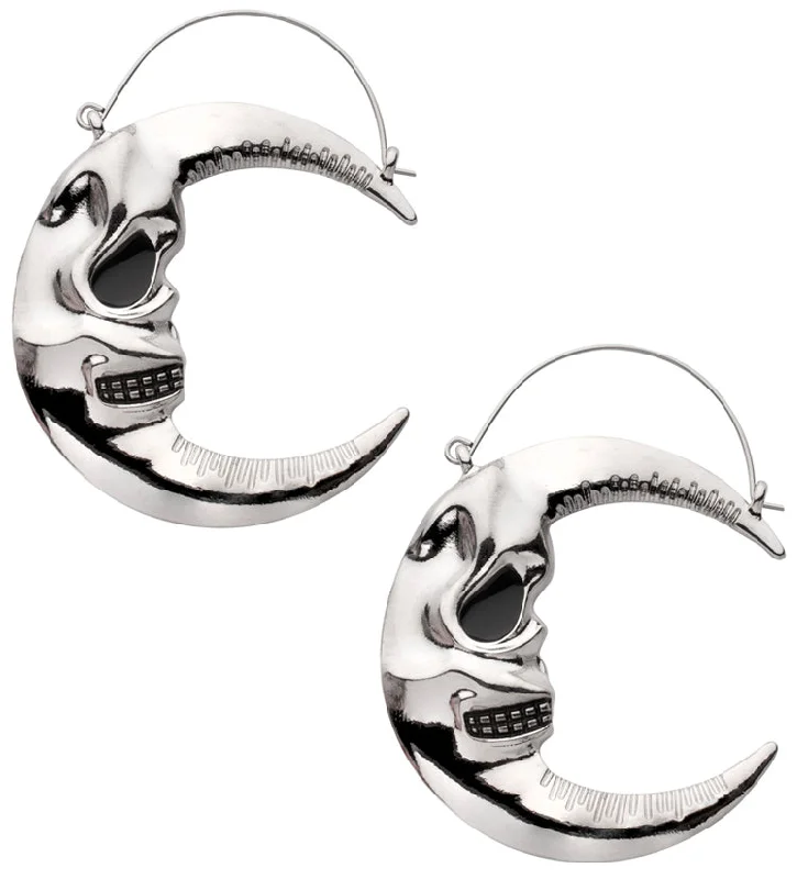 gemstone chandelier earrings for special occasions -Crescent Moon Skull Stainless Steel Plug Hoops