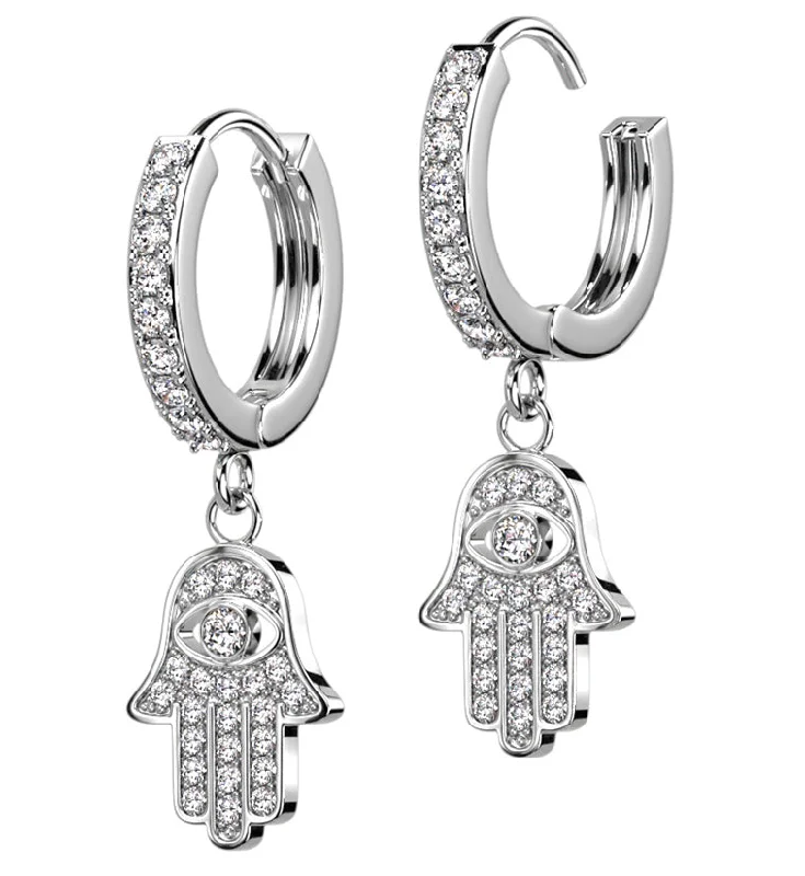 bold crystal drop earrings for a show-stopping look -Hamsa Hand CZ Stainless Steel Hoop Earrings