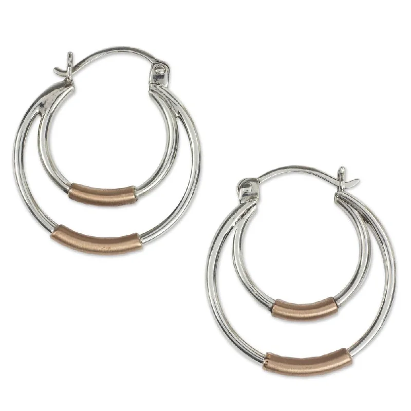 elegant teardrop earrings for a graceful finish -Handmade Sterling Silver and Copper Hoop Earrings, 'Circles Within Circles' (Mexico) - 1.3*1.3