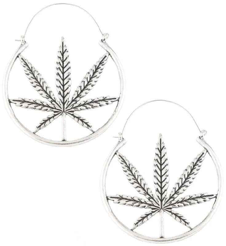 silver hoop earrings for classic style -Cannabis Leaf Stainless Steel Plug Hoops